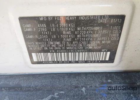 2012 Subaru Outback 2.5I Limited from USA, damaged, VIN 4S4BRCLC9C3246551